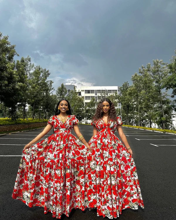 Beautiful Red and White Chiffon Dress: Stylish Habesha Dress, Modern Design