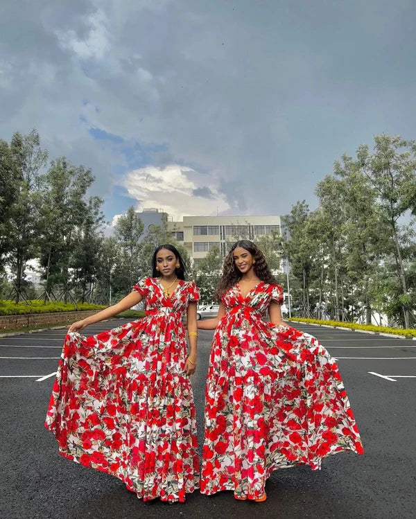 Beautiful Red and White Chiffon Dress: Stylish Habesha Dress, Modern Design