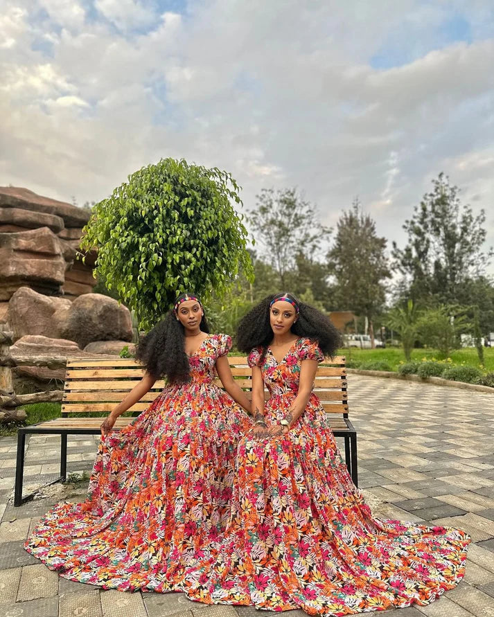 Vibrant and colorful chiffon dress, adorned with a breathtaking floral design