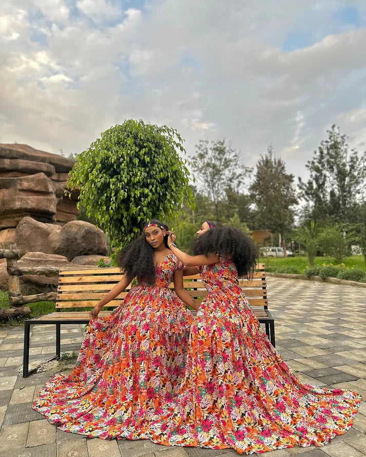 Vibrant and colorful chiffon dress, adorned with a breathtaking floral design