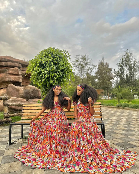 Vibrant and colorful chiffon dress, adorned with a breathtaking floral design