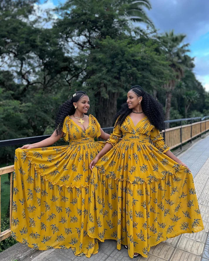 Elegant Yellow Habesha chiffon dress