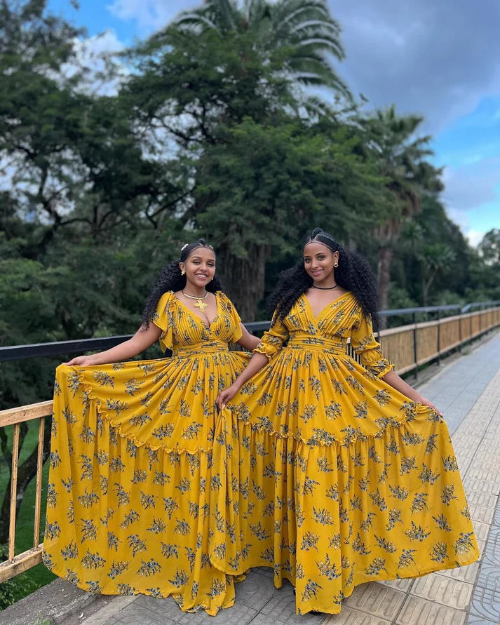 Elegant Yellow Habesha chiffon dress