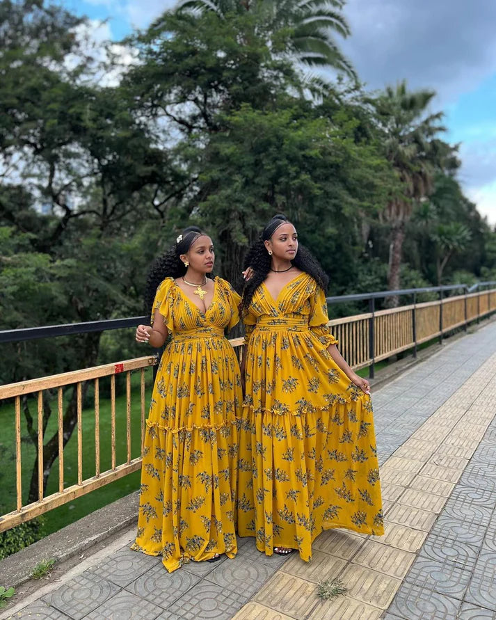 Elegant Yellow Habesha chiffon dress