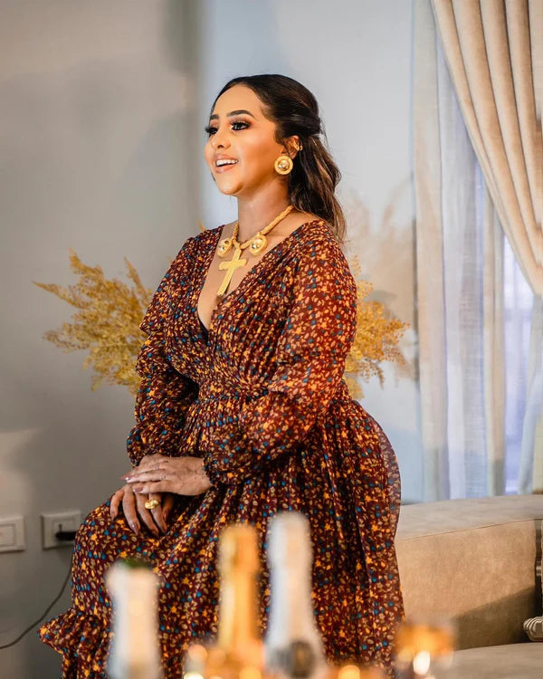 Chic Brown Chiffon Dress: Elegant Casual Wear, Habesha-Style Modern Design.