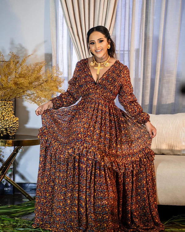 Chic Brown Chiffon Dress: Elegant Casual Wear, Habesha-Style Modern Design.