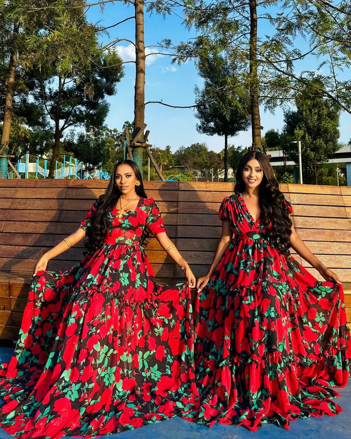 Exquisite red and green Habesha chiffon dress
