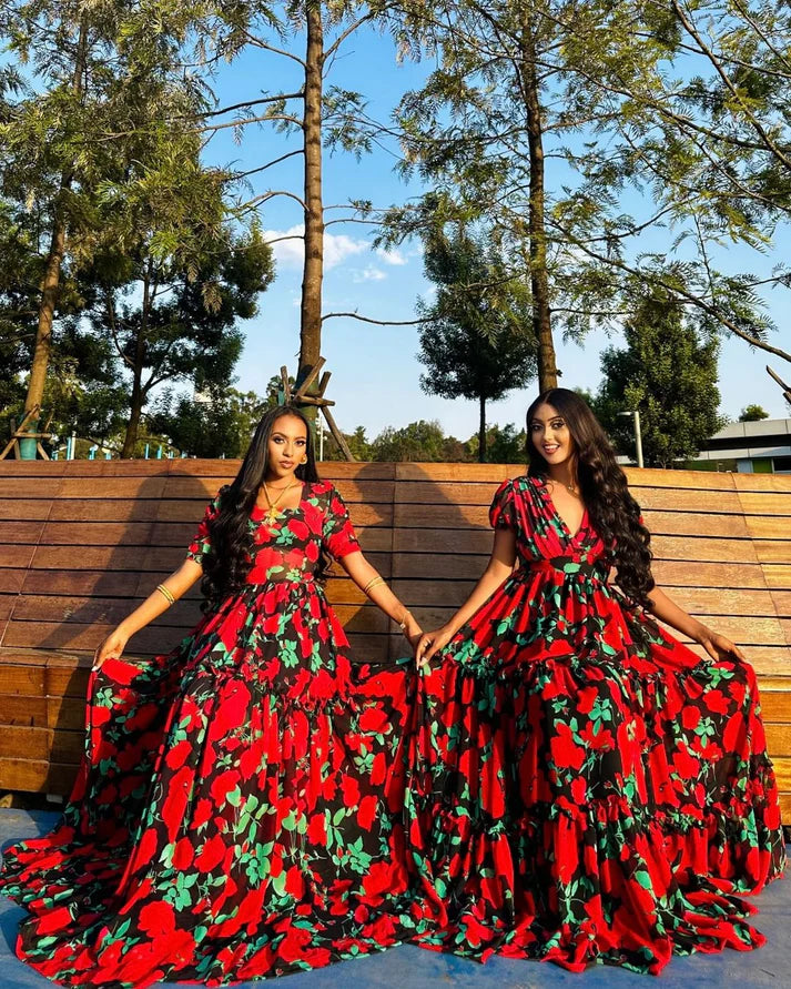Exquisite red and green Habesha chiffon dress