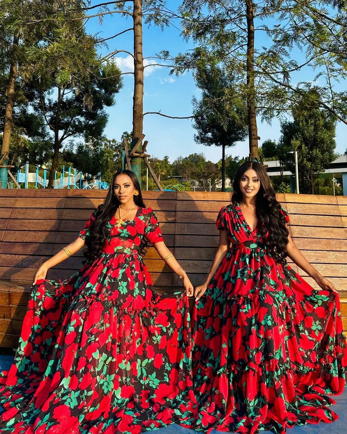 Exquisite red and green Habesha chiffon dress