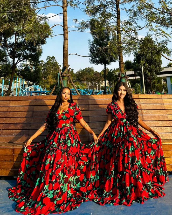 Exquisite red and green Habesha chiffon dress