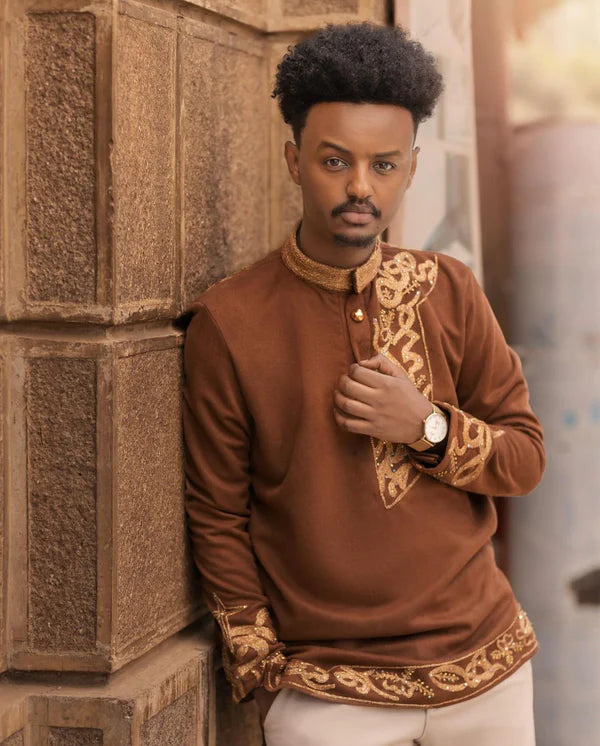 Tan Habesha Men's Attire with Gold Accents Habesha Men's Ensemble Contemporary Habesha Shirt Minimalist Habesha Shirt Design.