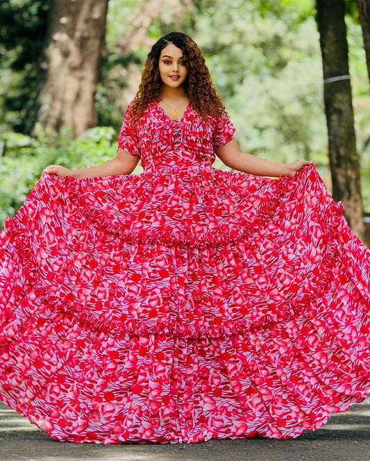 Stunning red Habesha chiffon dress is a perfect choice for any special occasion