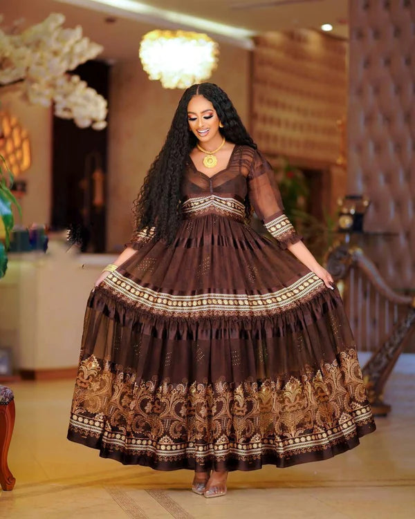 A sophisticated dark brown Habesha chiffon dress with a modern design, perfect for cultural and religious celebrations.