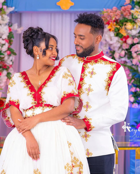 Alluring Red Traditional Habesha Couples Outfit: Golden Handstitched Matching Attire
