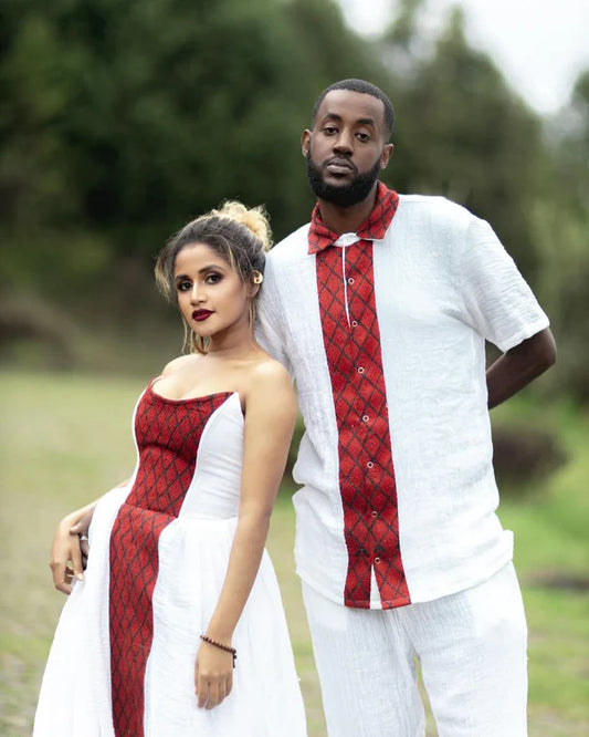 Captivating Red Matching Habesha Couples Outfit: Elegant Look with Traditional Habesha Couples Attire