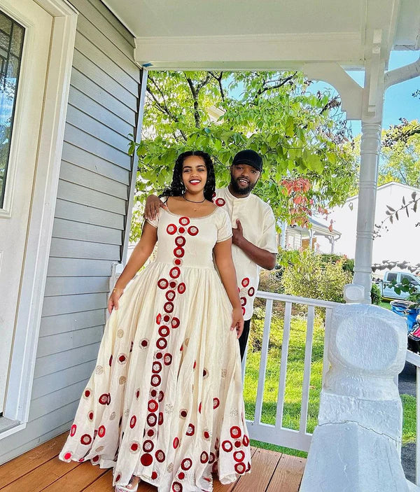 Perfect Matching Traditional Habesha Couples Attire: Red Embroidery Artistry on Timeless Ensemble