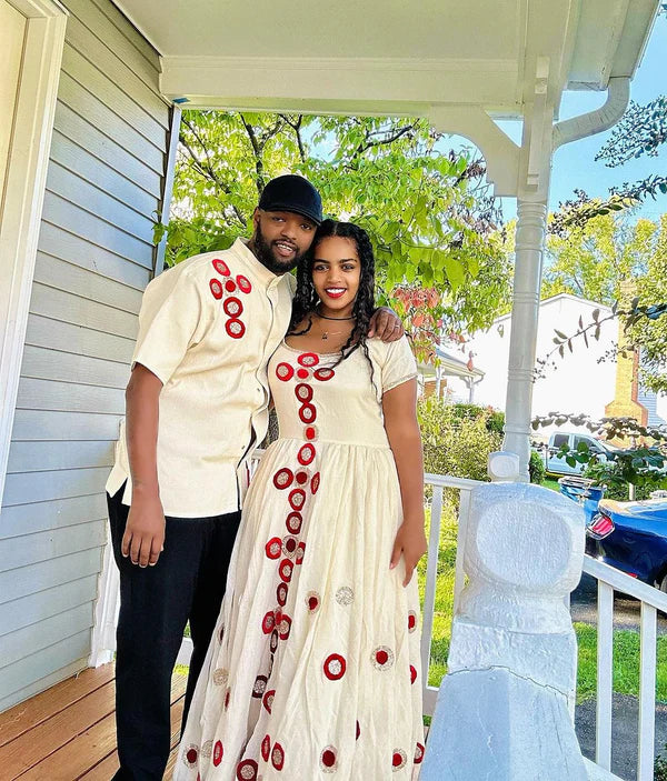 Perfect Matching Traditional Habesha Couples Attire: Red Embroidery Artistry on Timeless Ensemble