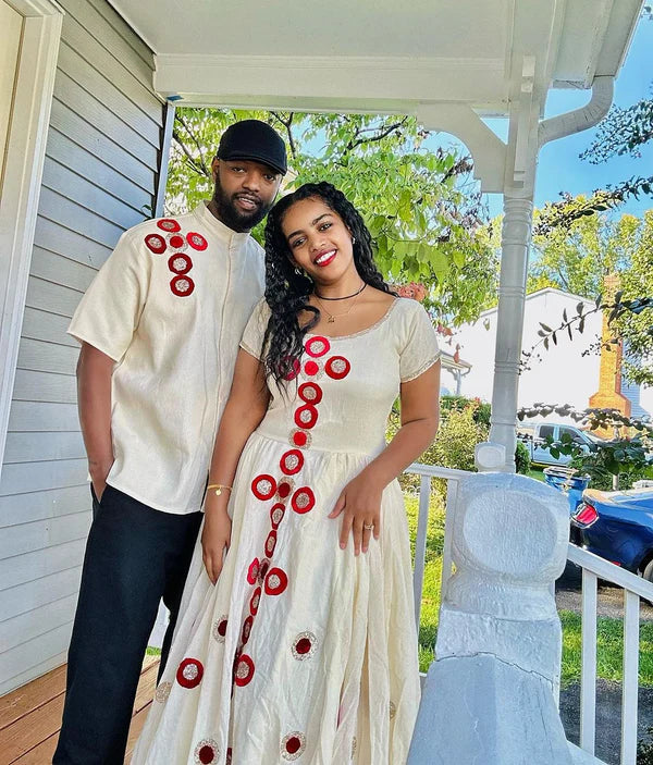 Perfect Matching Traditional Habesha Couples Attire: Red Embroidery Artistry on Timeless Ensemble