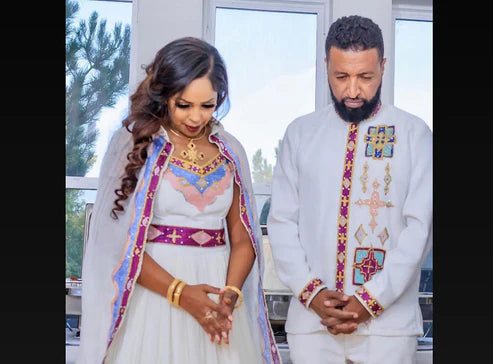 Enchanting Multicolored Habesha Wedding Attire: Intricately Handcrafted Matching Couples Outfit