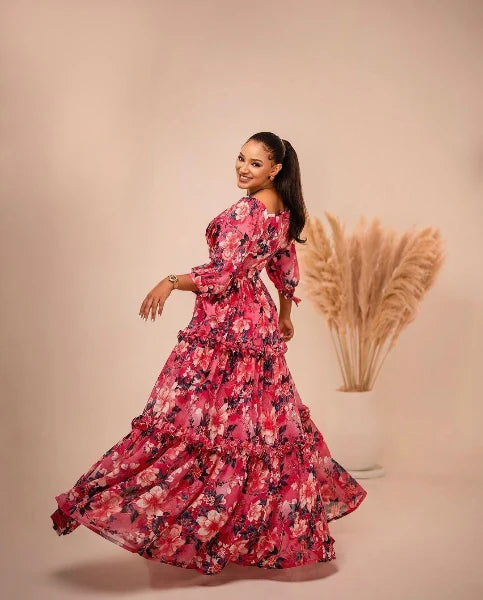 Floral Pink Habesha Chiffon Dress: Simple and Fresh Look for Cultural Celebrations.