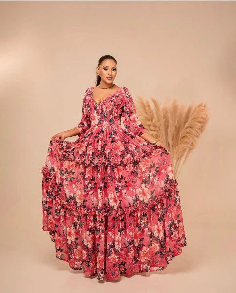 Floral Pink Habesha Chiffon Dress: Simple and Fresh Look for Cultural Celebrations.