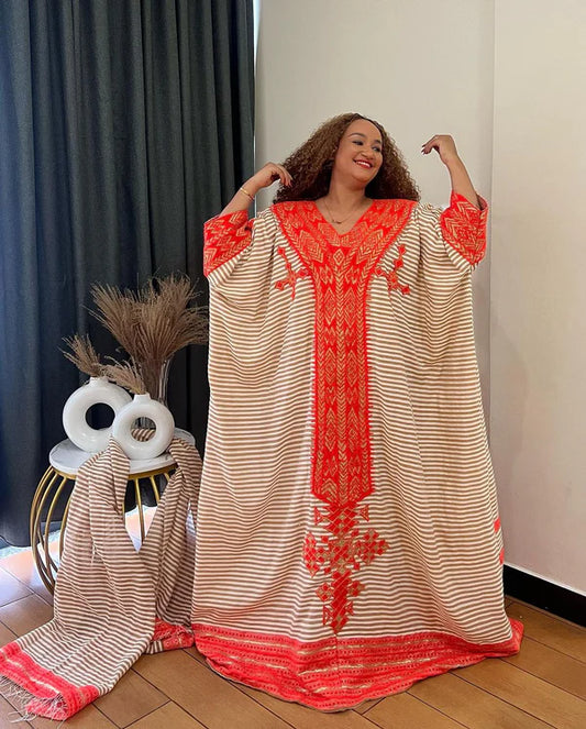 Beautiful Handcrafted Habesha Dress: Cream with Scarlet Red Accents, Relaxed Habesha Style