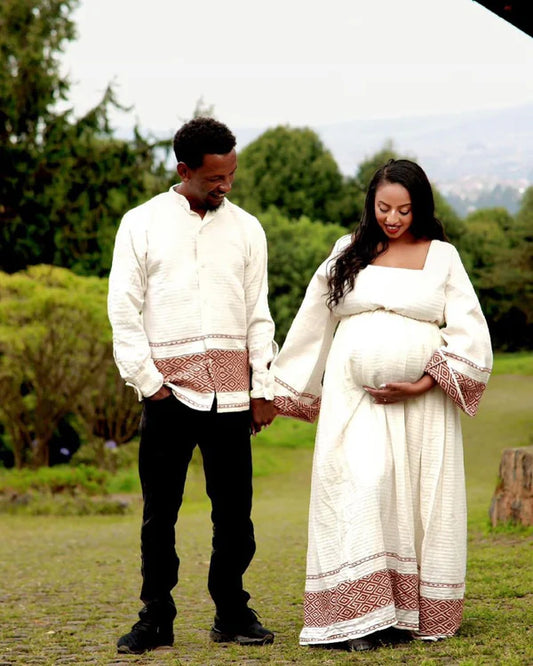 Timeless Elegance in Cream and Red Matching Habesha Attire: Modern Traditional Habesha Outfit for Couples