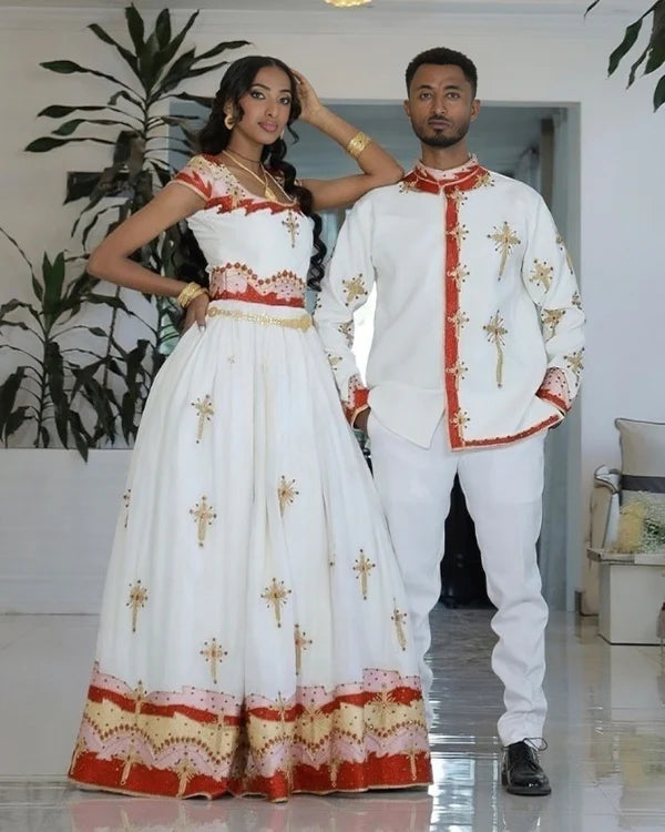 Celebrating Love in Red Habesha Couples Outfit: Regal Matching Habesha Couples Attire