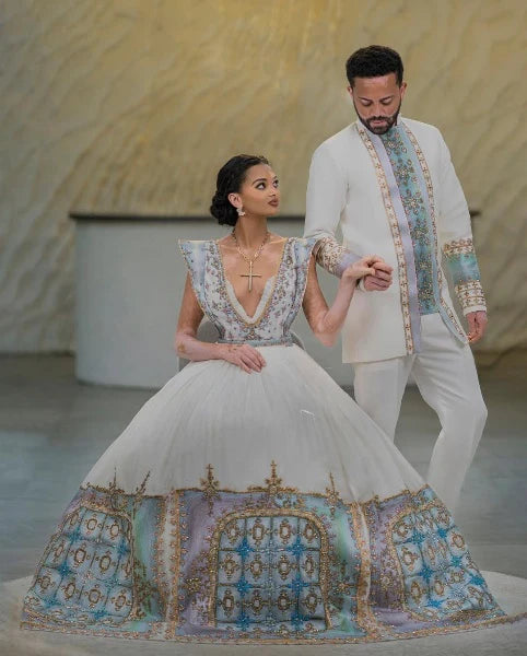 Glorious Blue with Bronze Habesha Couples Outfit: Contemporary Look in Habesha Couples Attire