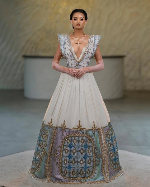 Glorious Blue with Bronze Habesha Couples Outfit: Contemporary Look in Habesha Couples Attire