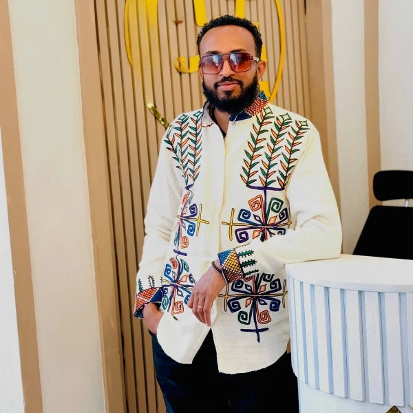 Majestic Handmade Habesha Shirt: Featuring Leafy Embroidery