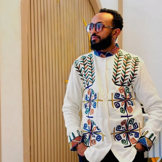 Majestic Handmade Habesha Shirt Featuring Leafy Embroidery