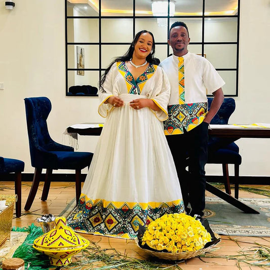 Vibrant Yellow Habesha Wedding Outfit: Newly Designed Matching Habesha Couples Attire