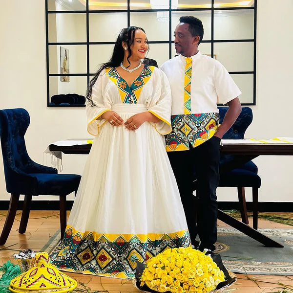 Vibrant Yellow Habesha Wedding Outfit: Newly Designed Matching Habesha Couples Attire