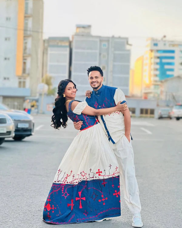 Elegant Red and Blue Habesha Couples Outfit: Stunning Matching Habesha Couples Attire