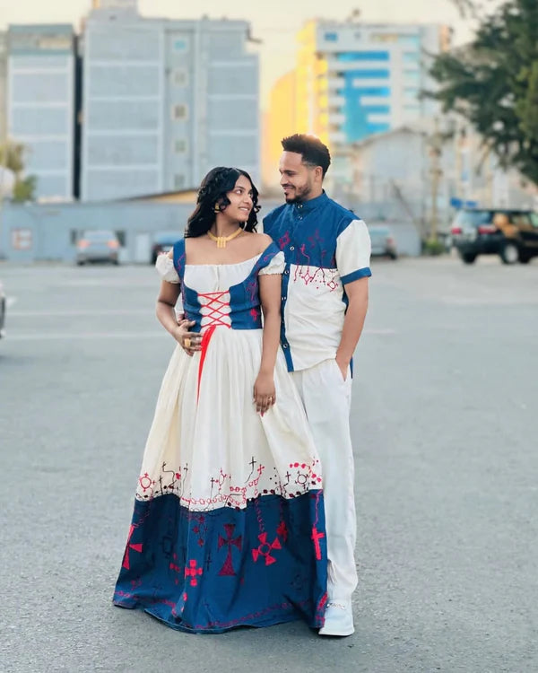 Elegant Red and Blue Habesha Couples Outfit: Stunning Matching Habesha Couples Attire