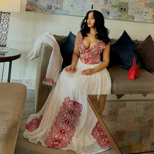 Delightful Handcrafted Red Habesha Dress