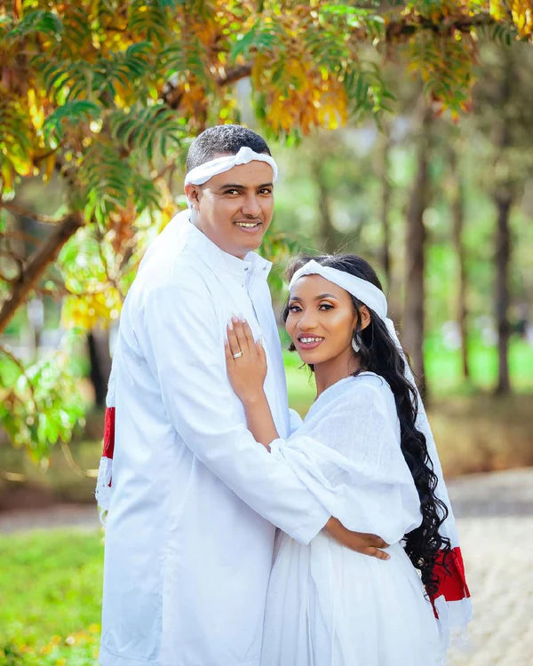 Stylish Habesha Couples Outfit: Elegant Red Design in Traditional Attire