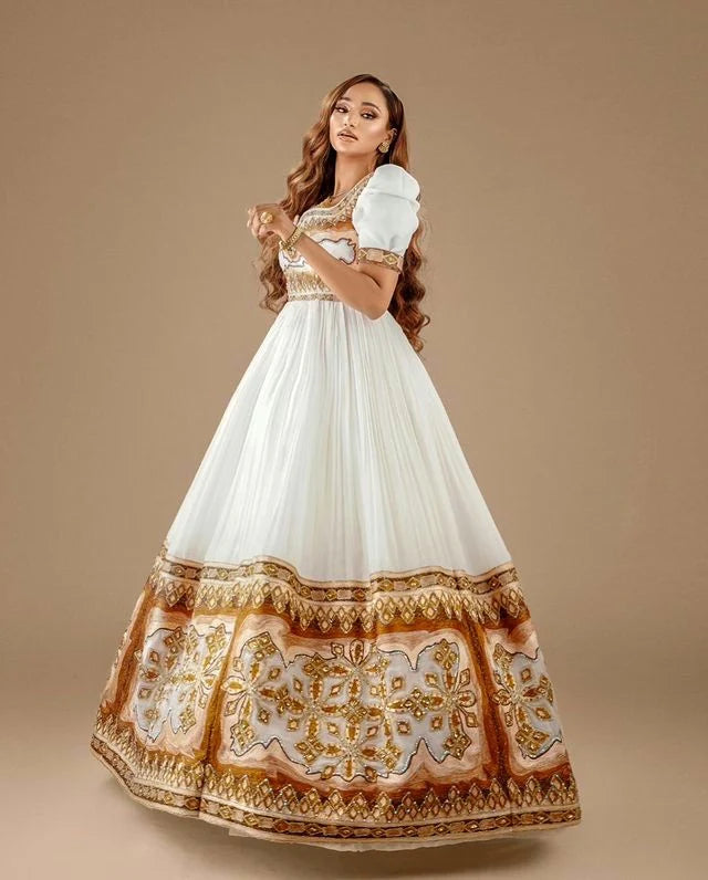 Elegant Habesha wedding dress exudes sophistication and charm with its captivating blend of brown and sparkly hues