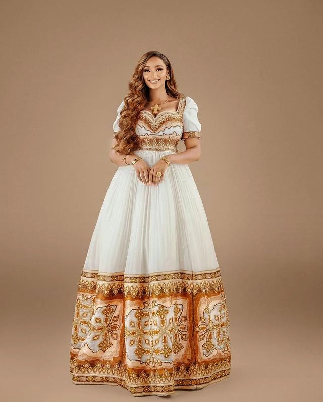 Elegant Habesha wedding dress exudes sophistication and charm with its captivating blend of brown and sparkly hues