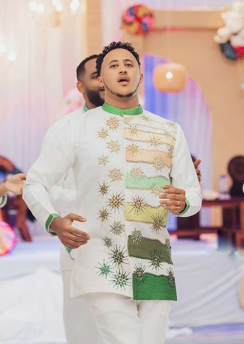 Chic Green Pattern Habesha Men's Attire Contemporary Habesha Shirt for Weddings.