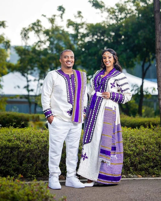 Elegant Purple Cultural Habesha Couples Outfit Habesha Couple's Outfit Purple Cultural Habesha Dress