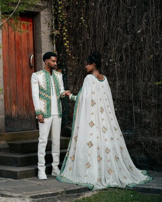 Celebrating Abiding Love in Green Habesha Couples Outfit Contemporary Designed Attire for Partners