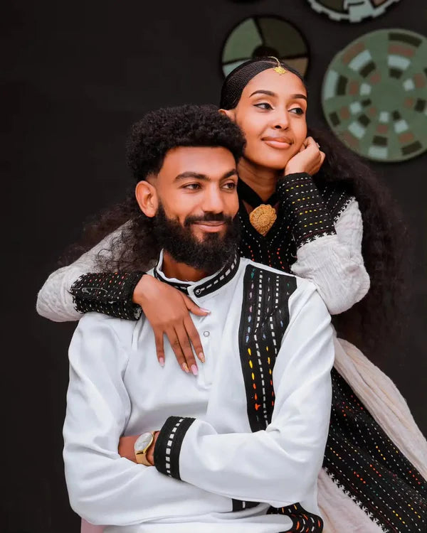 Paradise Unity in Darker Habesha Couples Outfit: Cultural Matching Habesha Wedding Attire