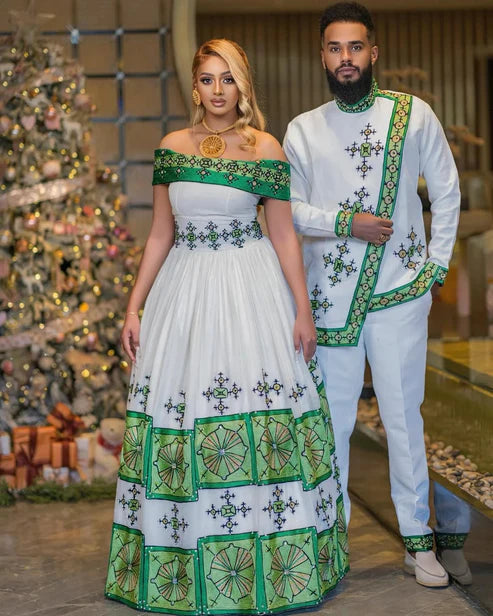 Gorgeous Cultural Design on Green Habesha Couples Attire: Beautiful