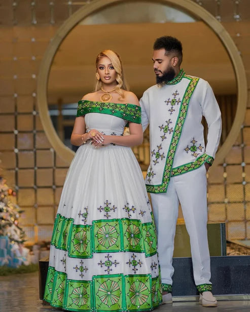 Gorgeous Cultural Design on Green Habesha Couples Attire: Beautiful