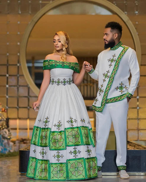 Gorgeous Cultural Design on Green Habesha Couples Attire: Beautiful
