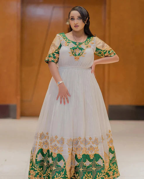 Graceful Green and Golden Traditional Ethiopian Dress