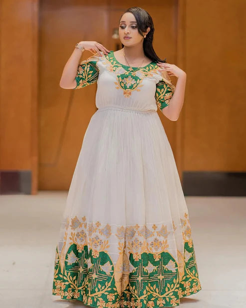 Graceful Green and Golden Traditional Ethiopian Dress