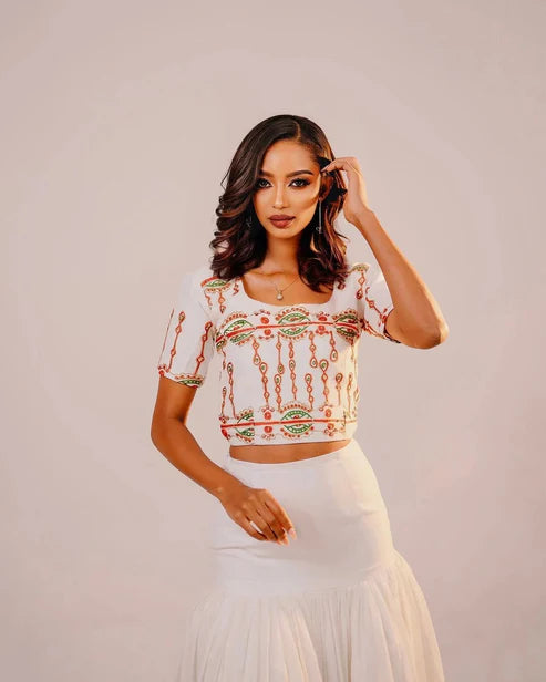 Stylish Red Ethiopian Top and Skirt Set